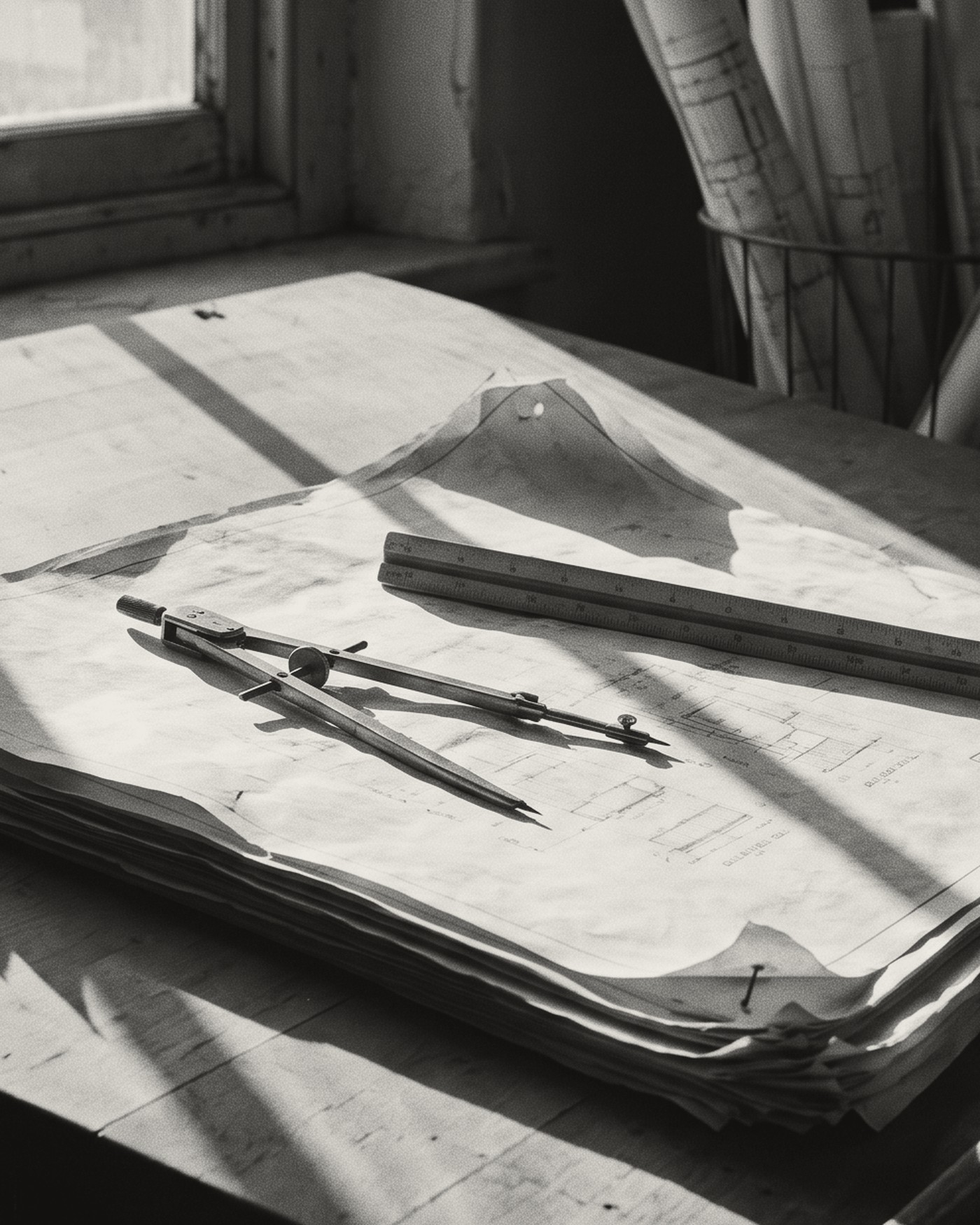 Drawing instruments laid across a stack of technical plans on a sunlit desk.