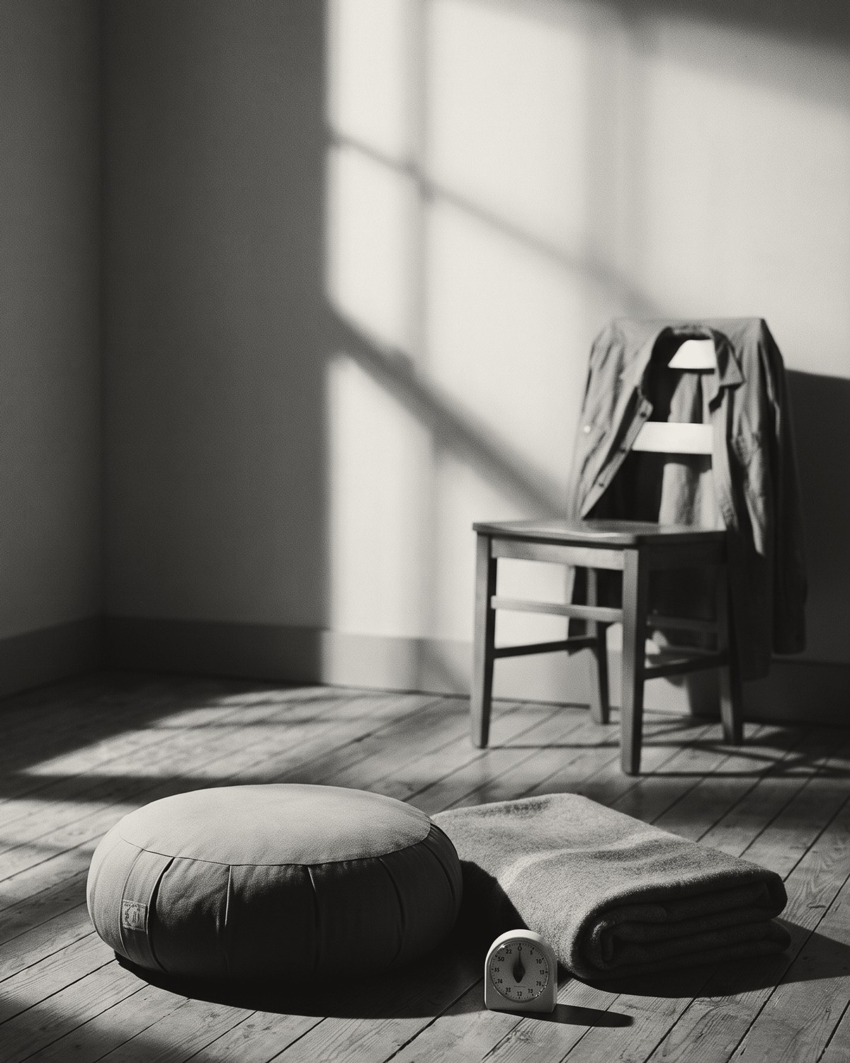 A round meditation cushion, a folded blanket and a kitchen timer on bare floorboards, a work shirt hung over a wooden chair against the sunlit wall.