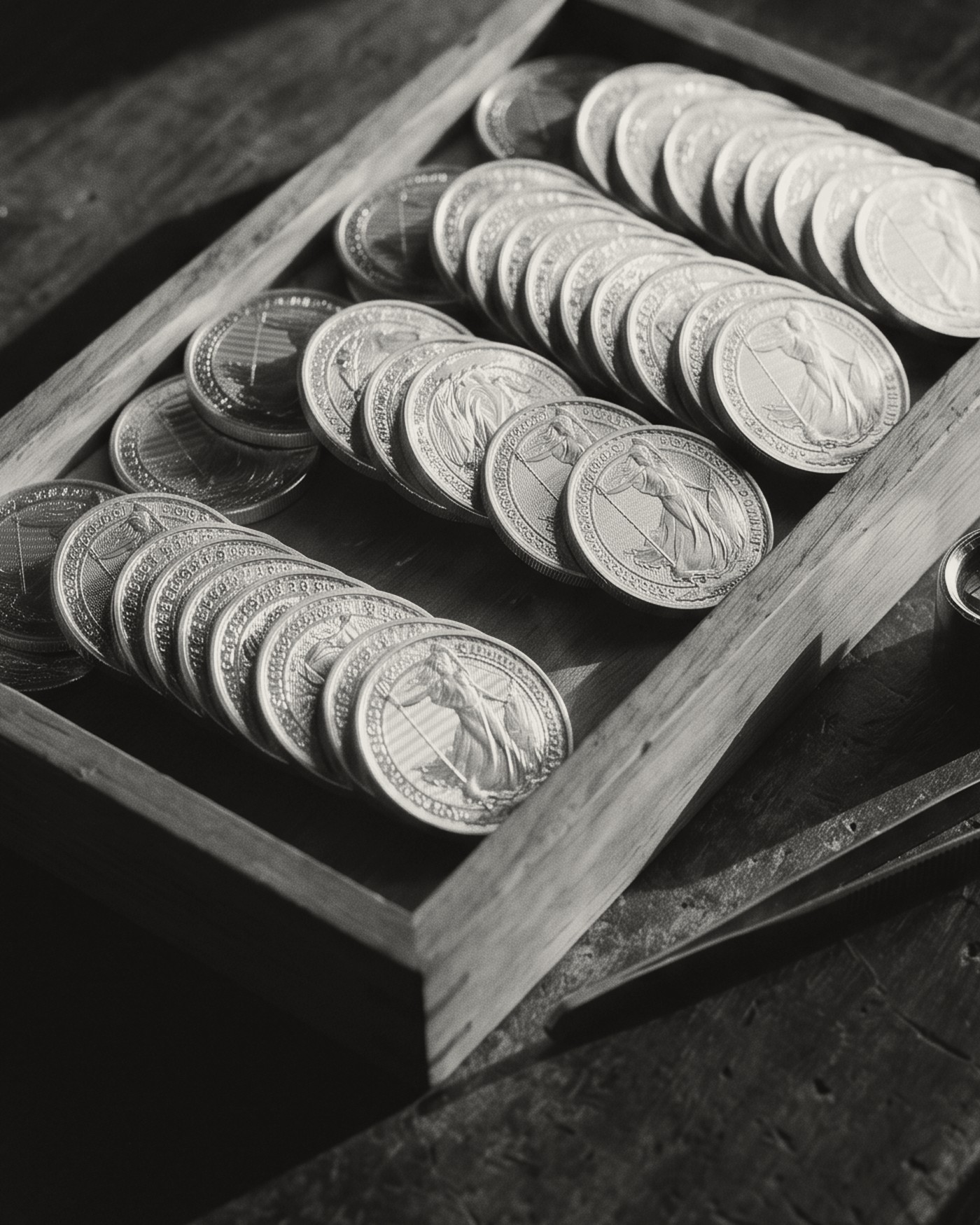 Rows of silver coins standing on edge in a wooden tray.