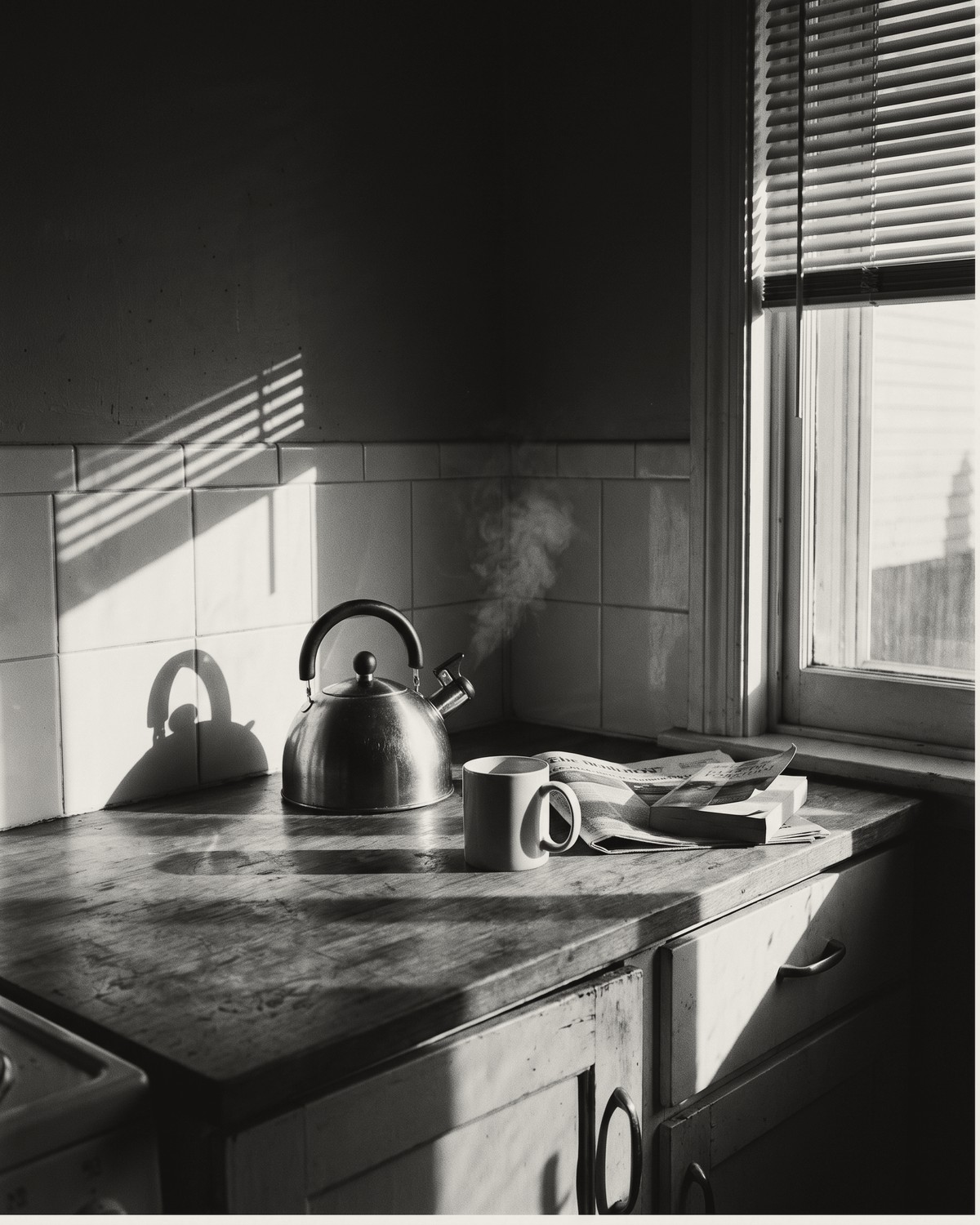 A kettle steaming on a wooden kitchen counter beside a mug and a folded newspaper, morning sun striping the tiled wall through a half-drawn blind.